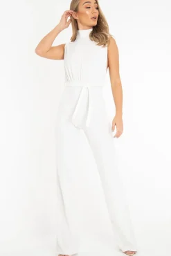 Rebellious Fashion White High Neck Belted Wide Leg Jumpsuit - Phoebie