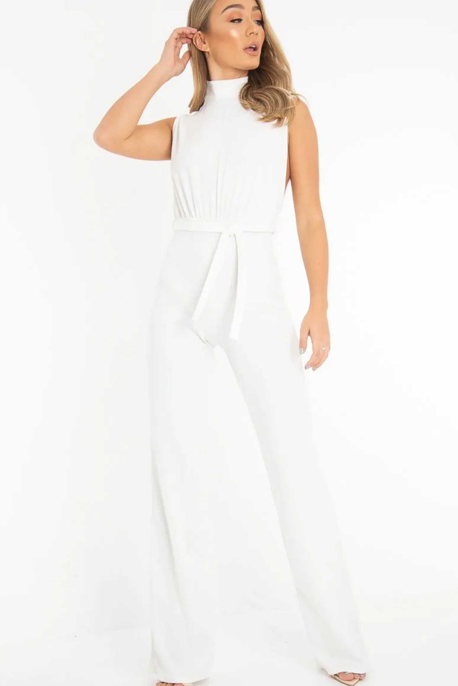 Rebellious Fashion White High Neck Belted Wide Leg Jumpsuit - Phoebie