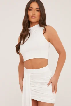 Rebellious Fashion White High Neck Cropped Top & Mini Skirt Co-ord Set - Sanai