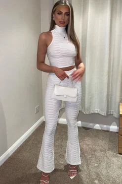 Rebellious Fashion White High Neck Crop Top & Flare Pants Set - Dailyn
