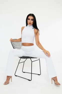 Rebellious Fashion White High Neck Crop Top & Flare Pants Set - Dailyn
