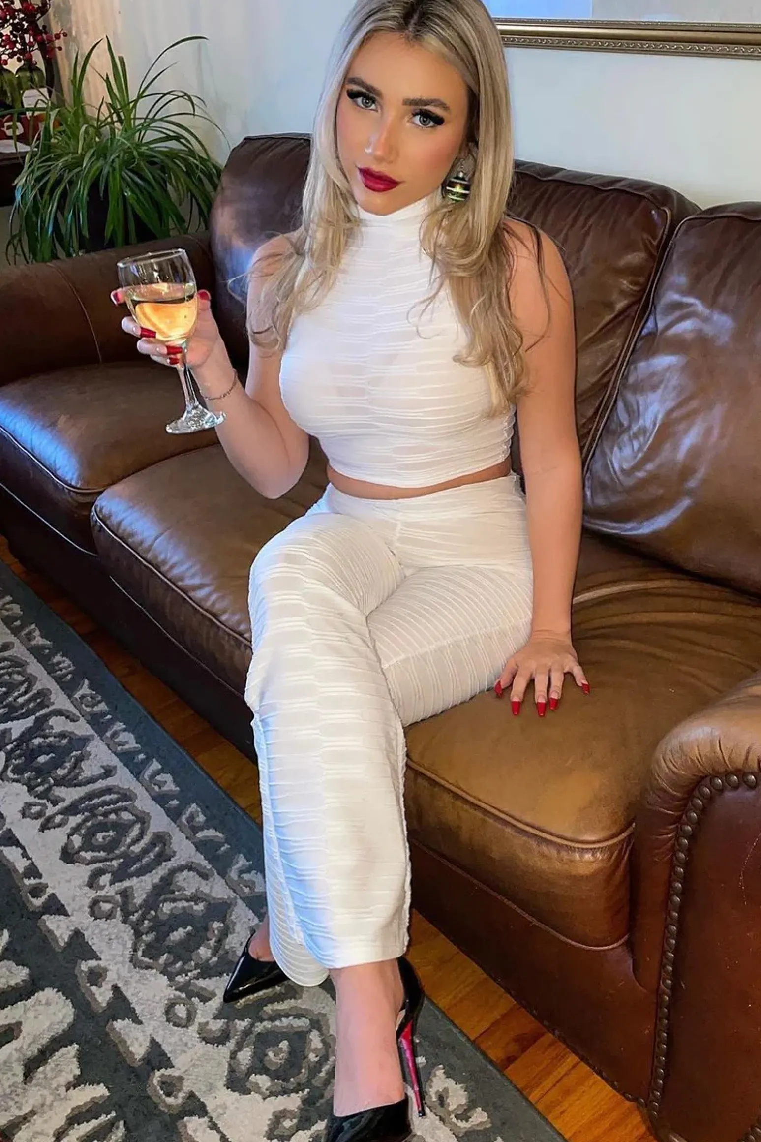 Rebellious Fashion White High Neck Crop Top & Flare Pants Set - Dailyn