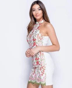 Rebellious Fashion White High Neck Embroidered Dress - Raven