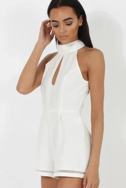 Rebellious Fashion White High Neck Keyhole Playsuit - Nori