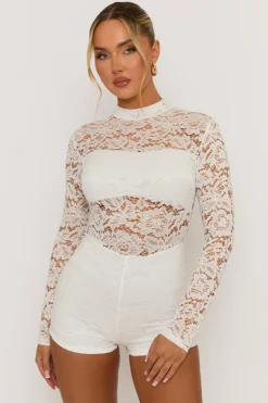 Rebellious Fashion White High Neck Lace Playsuit - Demi