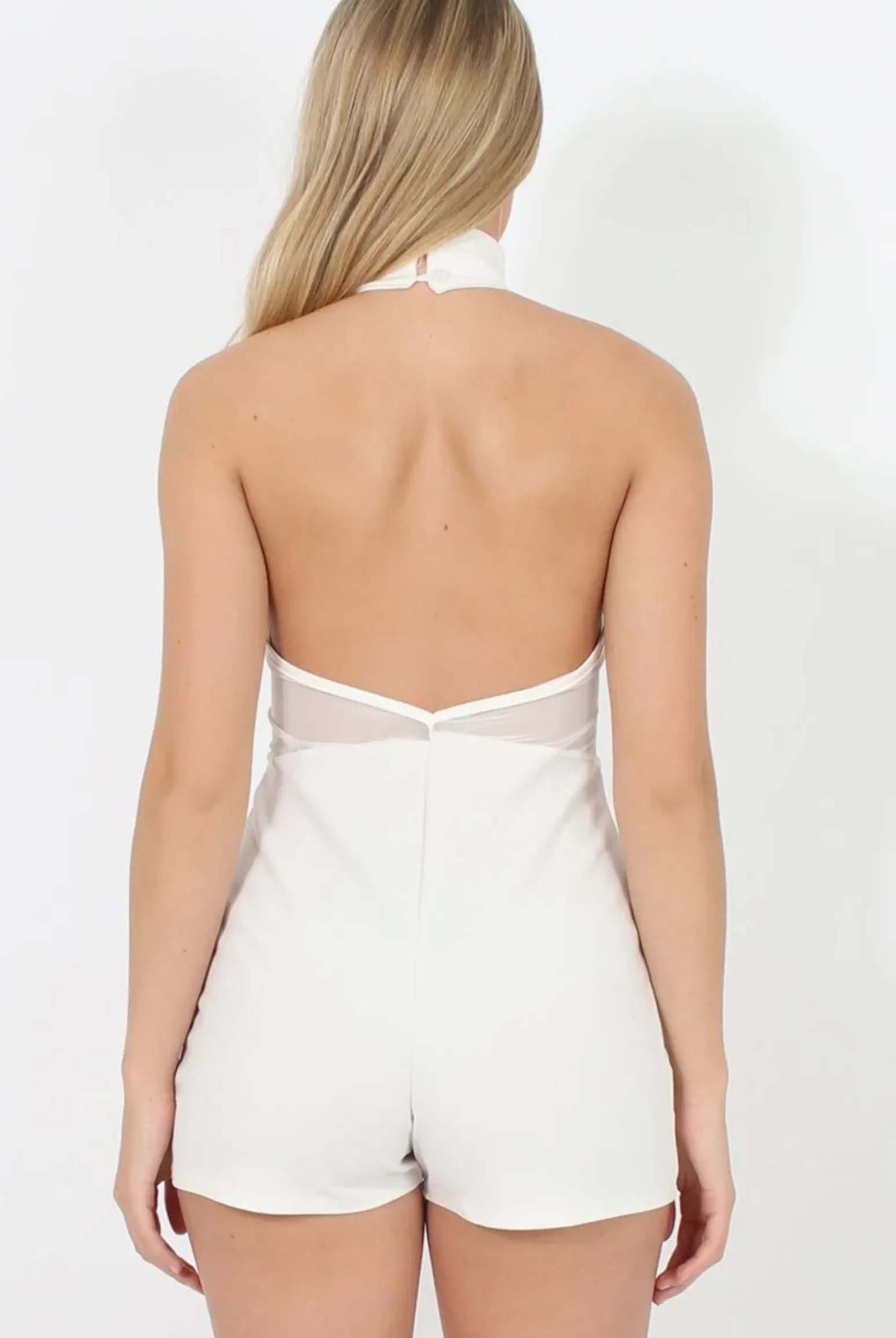 Rebellious Fashion White High Neck Mesh Detail Playsuit - Kacey