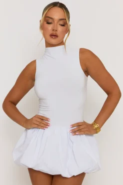 Rebellious Fashion White High Neck Puffball Mini Dress - Carmelita