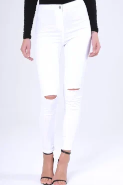 Rebellious Fashion White High Waisted Ripped Knee Jeans - Camisha
