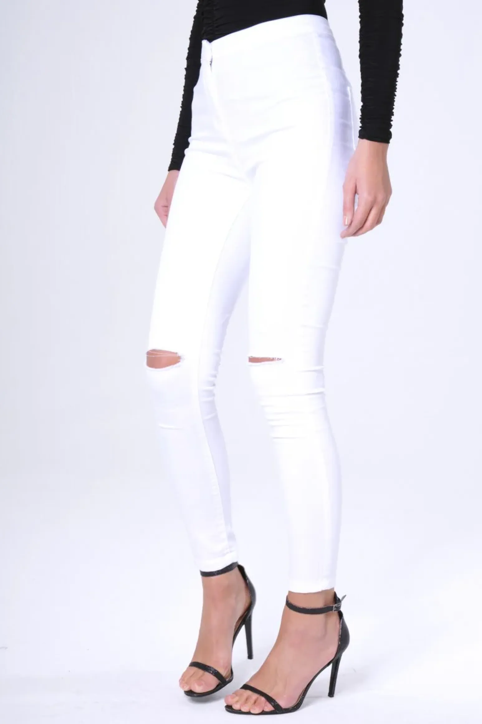 Rebellious Fashion White High Waisted Ripped Knee Jeans - Camisha