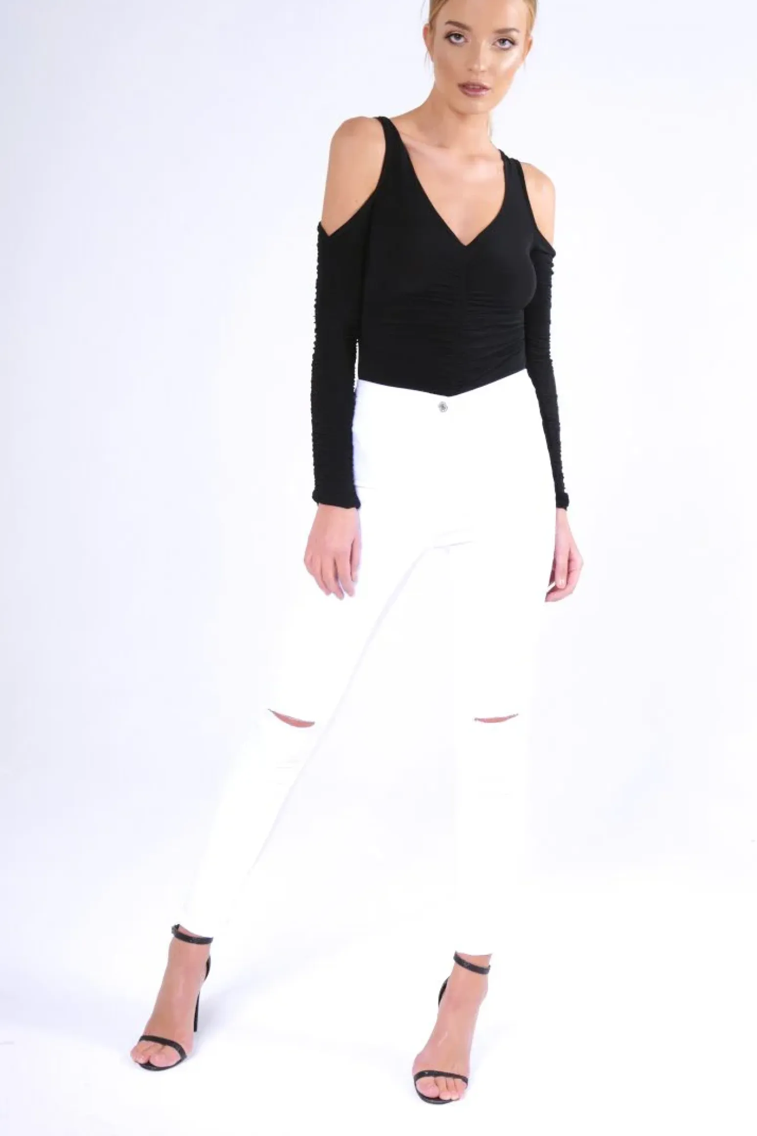 Rebellious Fashion White High Waisted Ripped Knee Jeans - Camisha