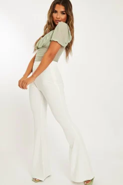 Rebellious Fashion White High Waisted Side Zip Flare Trousers - Billie
