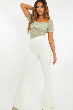 Rebellious Fashion White High Waisted Side Zip Flare Trousers - Billie