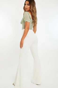 Rebellious Fashion White High Waisted Side Zip Flare Trousers - Billie