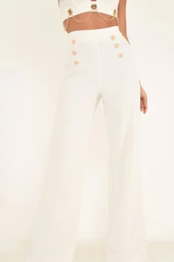Rebellious Fashion White High Waisted Wide Leg Button Front Trousers - Gidget