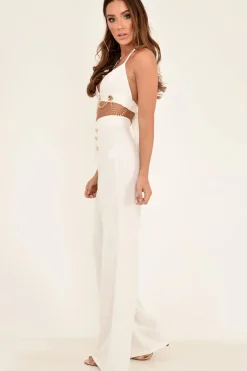 Rebellious Fashion White High Waisted Wide Leg Button Front Trousers - Gidget
