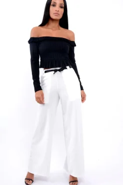 Rebellious Fashion White High Waist Flare Trousers with Black Sash Belt - Lila