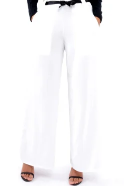 Rebellious Fashion White High Waist Flare Trousers with Black Sash Belt - Lila