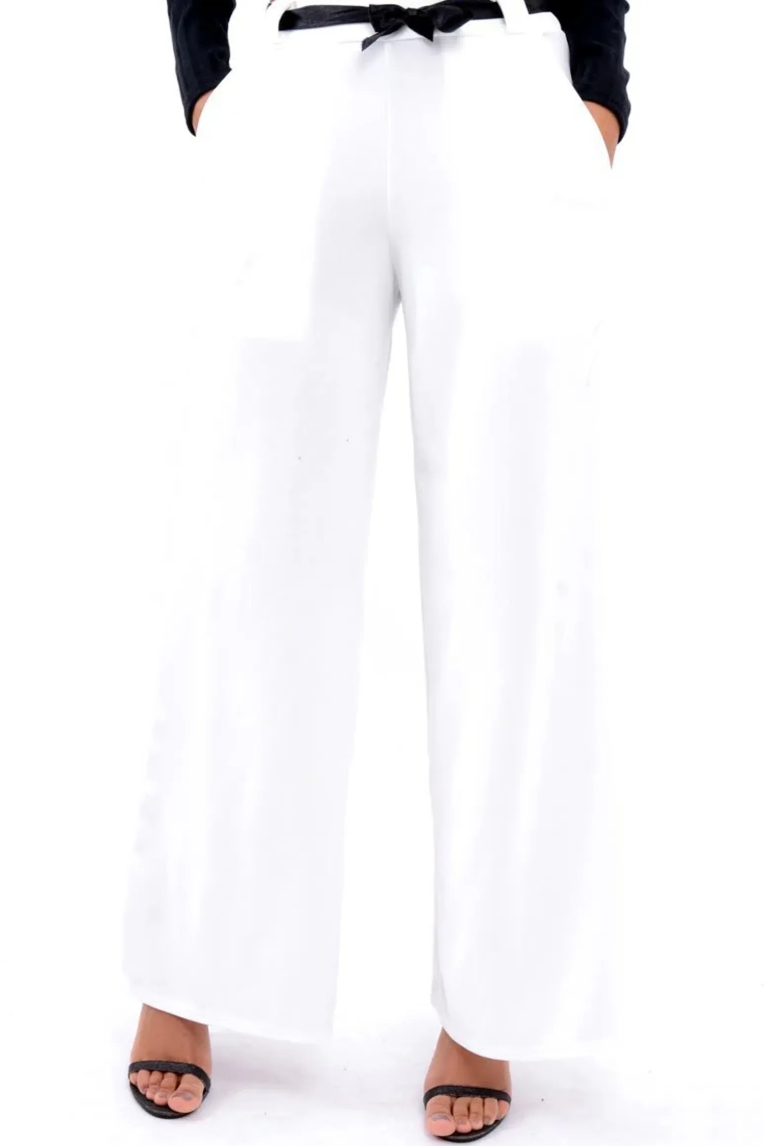 Rebellious Fashion White High Waist Flare Trousers with Black Sash Belt - Lila