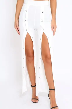 Rebellious Fashion White High Waist Flare Trousers with Popper detail -Tamy