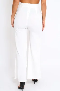 Rebellious Fashion White High Waist Flare Trousers with Popper detail -Tamy