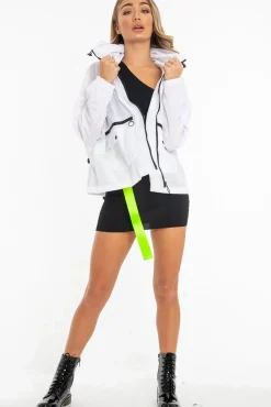 Rebellious Fashion White Hooded Zip Front Rain Parka - Leticia