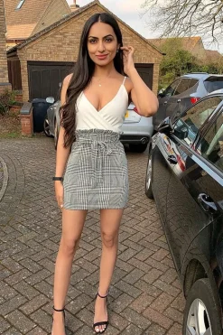 Rebellious Fashion White Houndstooth Belted Paper Bag Waist Dress - Marnie