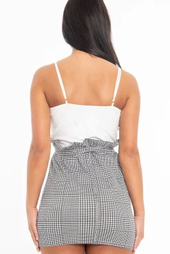Rebellious Fashion White Houndstooth Belted Paper Bag Waist Dress - Marnie