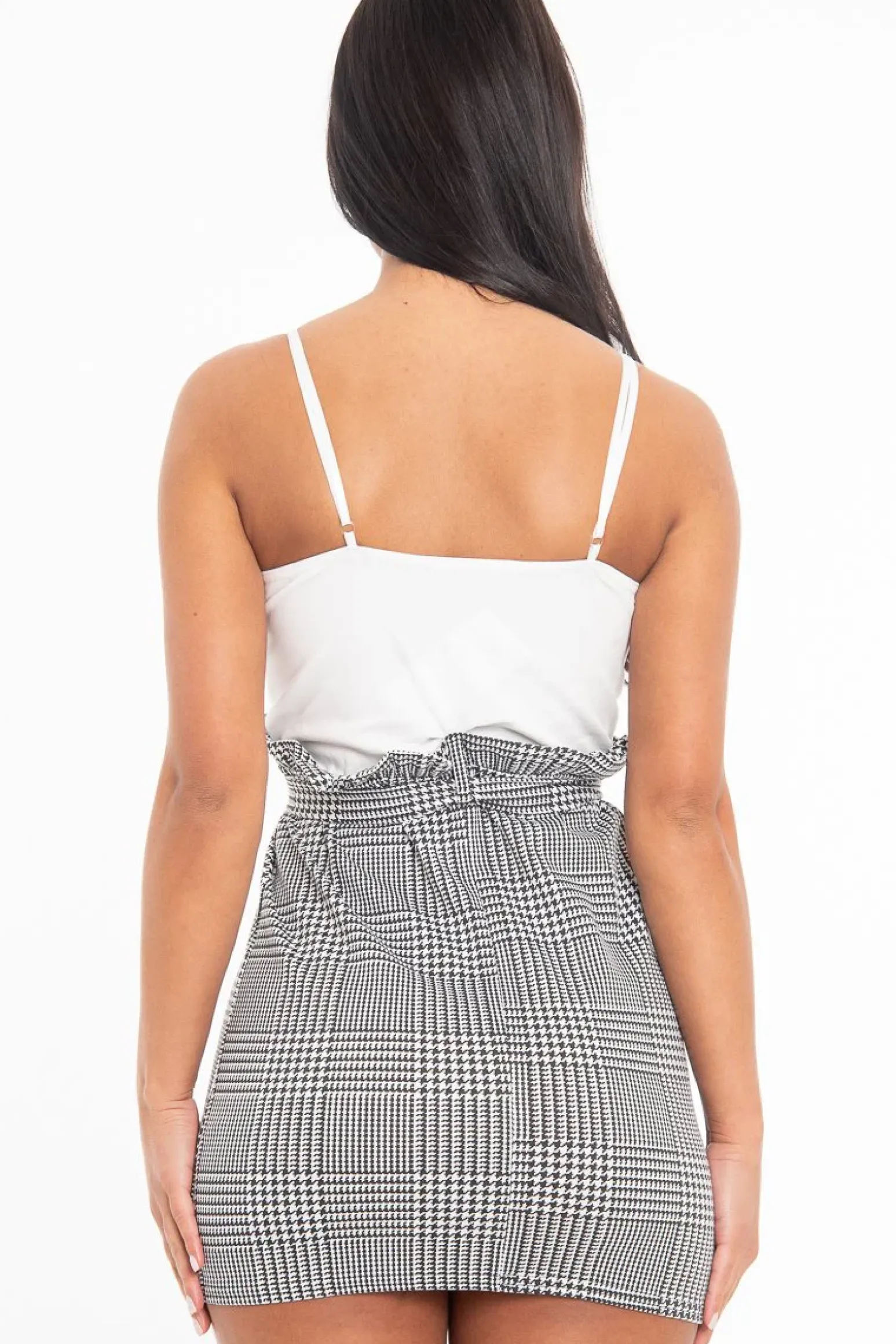 Rebellious Fashion White Houndstooth Belted Paper Bag Waist Dress - Marnie