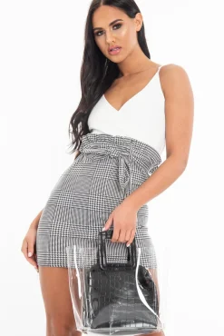 Rebellious Fashion White Houndstooth Belted Paper Bag Waist Dress - Marnie