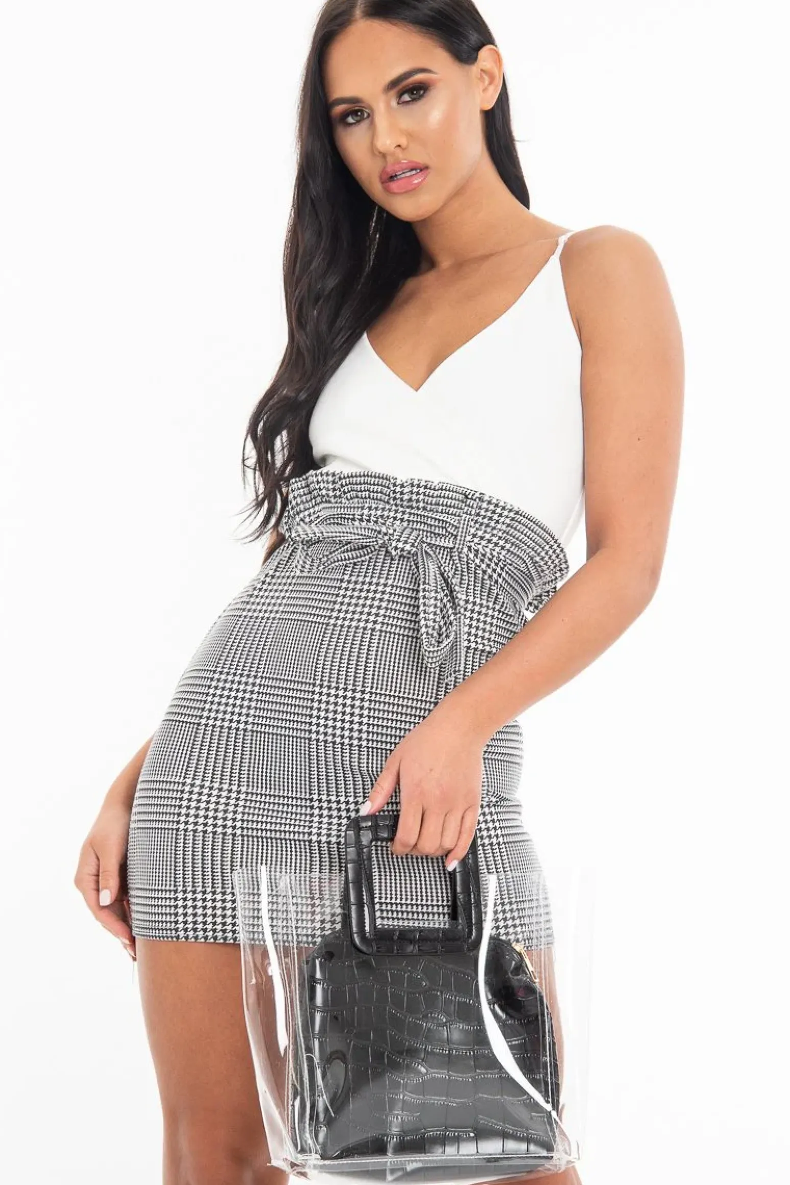 Rebellious Fashion White Houndstooth Belted Paper Bag Waist Dress - Marnie