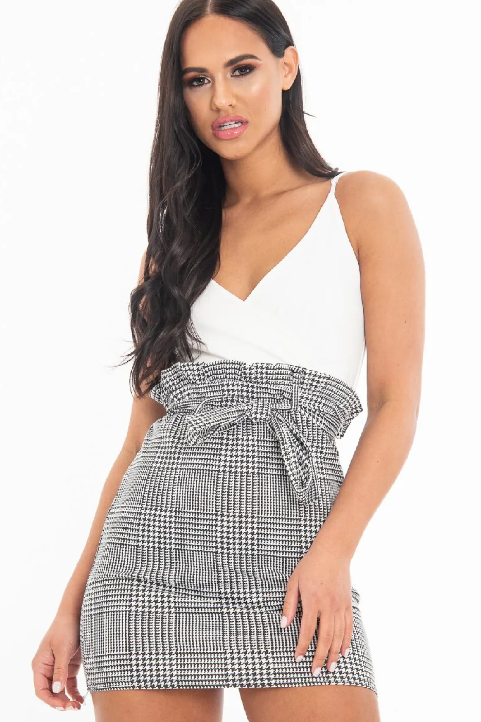 Rebellious Fashion White Houndstooth Belted Paper Bag Waist Dress - Marnie