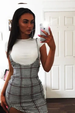 Rebellious Fashion White Houndstooth T-Shirt Insert Tie Detail Dress - Saffy
