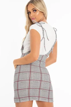 Rebellious Fashion White Houndstooth T-Shirt Insert Tie Detail Dress - Saffy