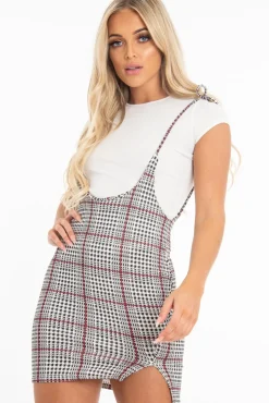 Rebellious Fashion White Houndstooth T-Shirt Insert Tie Detail Dress - Saffy