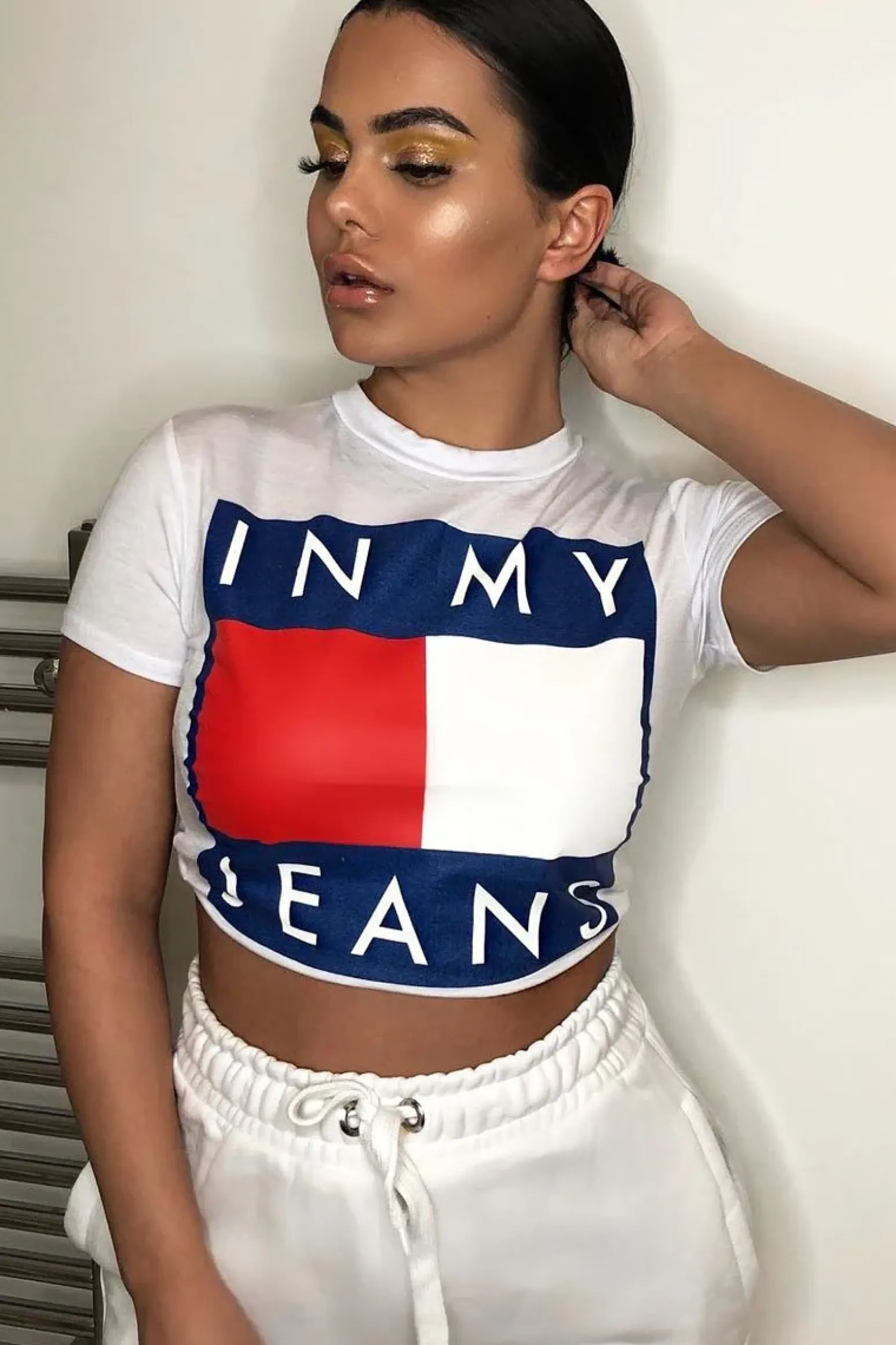 Rebellious Fashion White In My Jeans Crew Neck Top - Tura