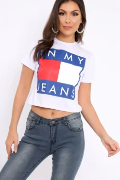 Rebellious Fashion White In My Jeans Crew Neck Top - Tura