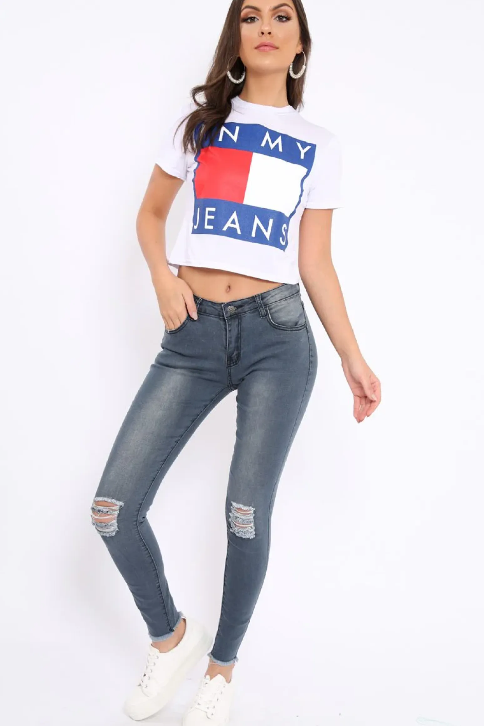 Rebellious Fashion White In My Jeans Crew Neck Top - Tura