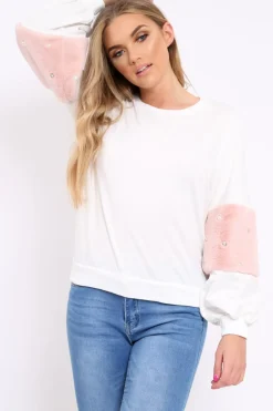 Rebellious Fashion White Jumper with Fur and Pearl Sleeves - Izabella