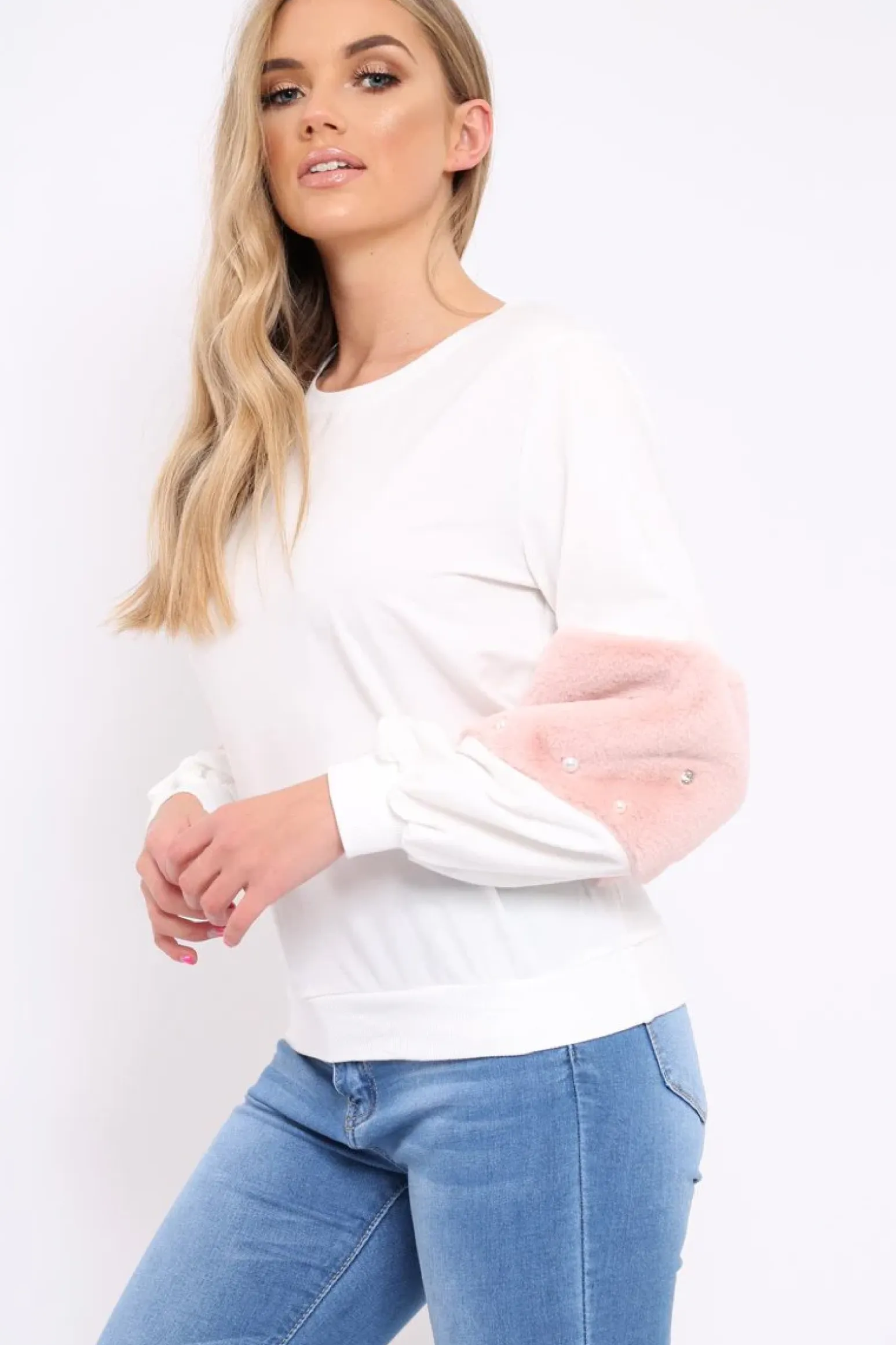Rebellious Fashion White Jumper with Fur and Pearl Sleeves - Izabella