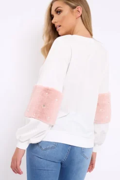 Rebellious Fashion White Jumper with Fur and Pearl Sleeves - Izabella