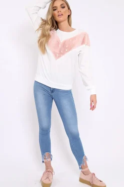 Rebellious Fashion White Jumper with Fur and Pearl Front - Annita