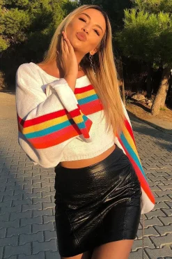 Rebellious Fashion White Jumper with Stripe Rainbow Middle Jumper - Dasie
