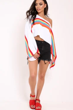 Rebellious Fashion White Jumper with Stripe Rainbow Middle Jumper - Dasie