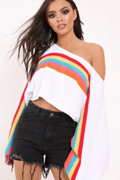Rebellious Fashion White Jumper with Stripe Rainbow Middle Jumper - Dasie