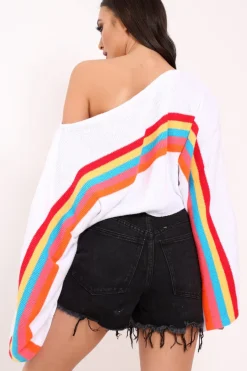 Rebellious Fashion White Jumper with Stripe Rainbow Middle Jumper - Dasie