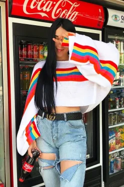 Rebellious Fashion White Jumper with Stripe Rainbow Middle Jumper - Dasie