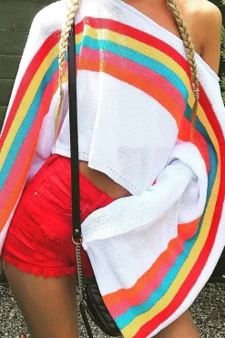 Rebellious Fashion White Jumper with Stripe Rainbow Middle Jumper - Dasie