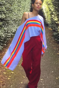 Rebellious Fashion White Jumper with Stripe Rainbow Middle Jumper - Dasie