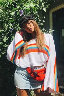 Rebellious Fashion White Jumper with Stripe Rainbow Middle Jumper - Dasie