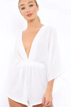 Rebellious Fashion White Kimono Plunge Playsuit - Alisa
